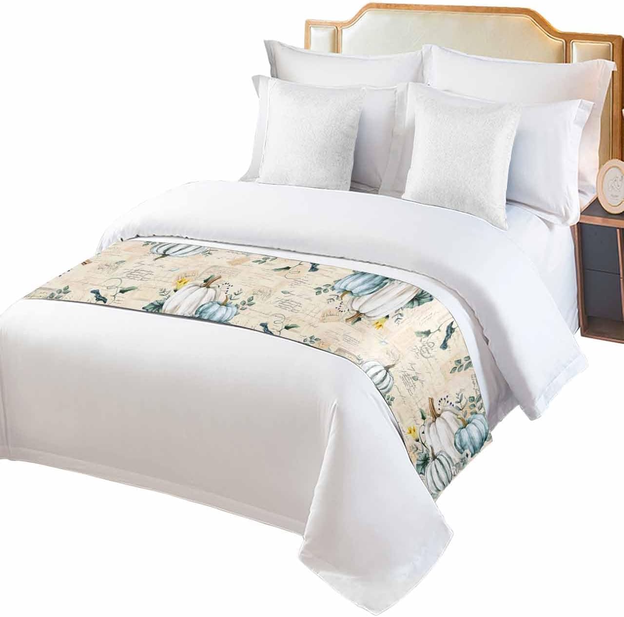 Thanksgiving Bed Runner Scarf Full Queen Size, Farmhouse Fall Pumpkin Green Leaves Floral Luxury Bed Throw Runners & Scarves for Twin Full Queen King Foot of Bed, Bedroom Hotel Decoration, 83"x20"