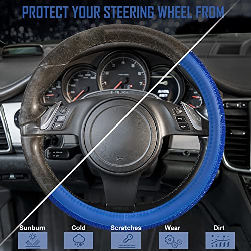 Image of CAR PASS Bling Diamond Leather Steering Wheel Cover, with Bling Sparkly Crystal Glitter Rhinestones Universal Fit 14 inch 1 /2-15 inch Car Wheel Protect for Women Girl Fit Suvs,Vans,Sedans,Cars,Trucks, Blue