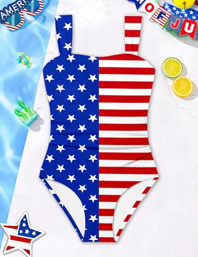 Image of CRISONE Girl Swimsuit One Piece Bathing Suit for Girls Retro Square Neck Adjustable Straps Girls' Swimwear 9-16Y
