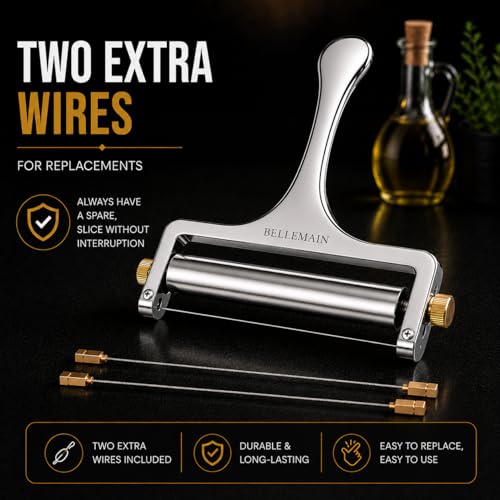 Image of Bellemain Stainless Steel Wire Cheese Slicer with 2 Extra Wires - Handheld Cheese Cutter for Block Cheese, Adjustable Thick & Thin Slices for Cheddar, Gruyere, Raclette & Mozzarella (Silver)