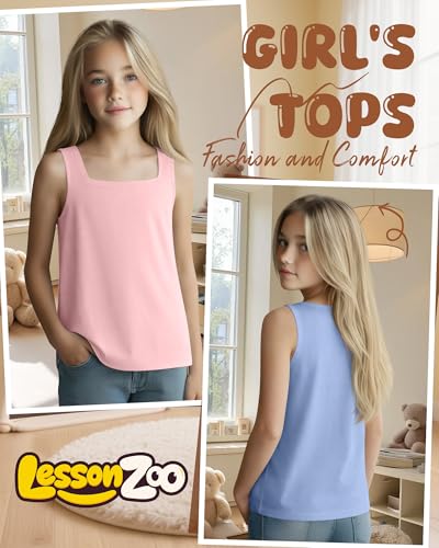 Image of 3 Pack Girls Square Neck Tank Tops | Basic, Sleeveless T-Shirts, Casual Summer Tanks, Kids Undershirts, School, Size 5-14 Years, Comfy, Elasticity