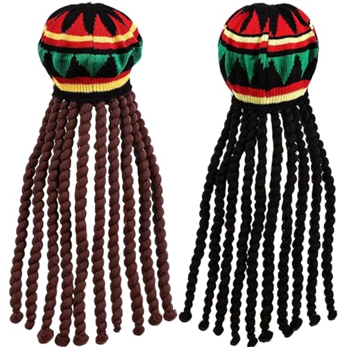 Perruque dreadlock pour soirée déguisée : Lot de 2 chapeaux rasta colorés et élastiques pour festival