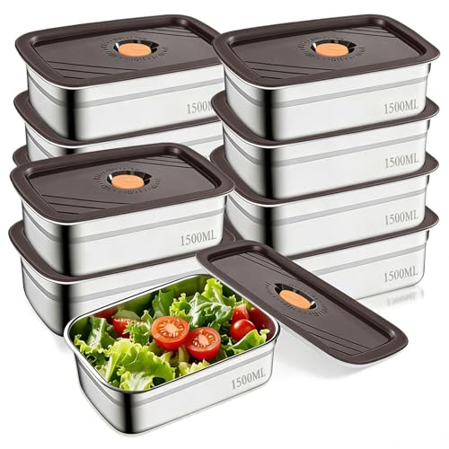10PCS 50oz Stainless Steel Food Storage Containers with Airtight Lids, 1500ml Reusable Metal Meal Prep Container for Picnic Travel, Stackable Kitchen Lunch Snack Box, Freezer & Dishwasher Safe
