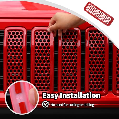 Image of JWWY Headlight Front Grille Mesh Inserts Grille Embellishment Headlamp Grille Accent Kit Trim Fit for 2024 Jeep Wrangler JL JLU & Gladiator JT 4XE Exterior Accessories ABS 9pcs Red (Without Camera)