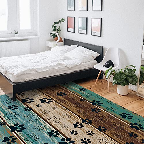Small Area Rug 3'X5', Paw Print Filling Soft Kids Room Throw Carpet Non-Slip Bathroom Rugs, Rustic Teal Brown Beige Wood Indoor Floor Mats Kitchen Runner Rugs For Living Room Bedroom #TOP4