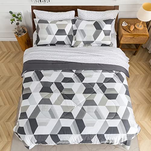 Printed Comforter Sets 7 Pcs For Queen / Full Bed - Lightweight Microfiber Bedding Set, Bed In A Bag Queen Down Alternative Comforter Set With Sheets, Soft Comfortable Machine Washable For All Season #TOP7