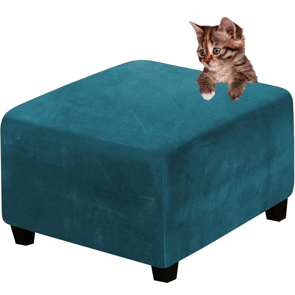DMBAOD Velvet Plush Stretch Footstool Cover High Stretch Velvet Footstool Protector Cover Deep Teal XX-LARGE