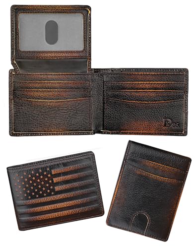 DK86 Wallet for Men Slim Rfid Bifold Genuine Leather 2 ID Window With Gift Box (black brown with US flag)