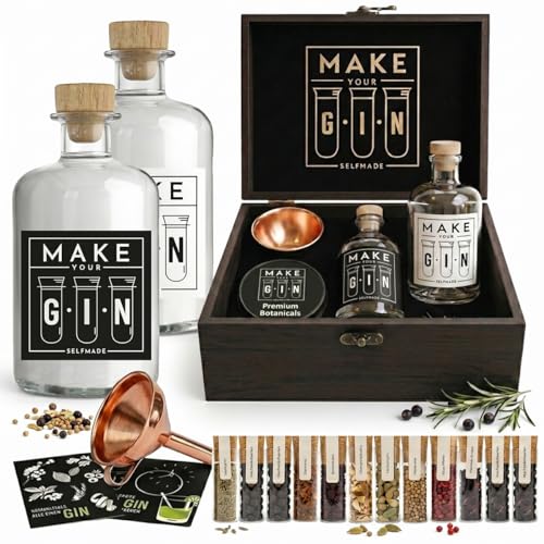 Make Your Gin Geschenkset in Holzbox - DIY Baukasten zum Selbermachen mit 12 Botanicals & Gewürzen - GIN Cocktail Geschenk Kit für Männer & Gin-Liebhaber zum Geburtstag Geschenkbox