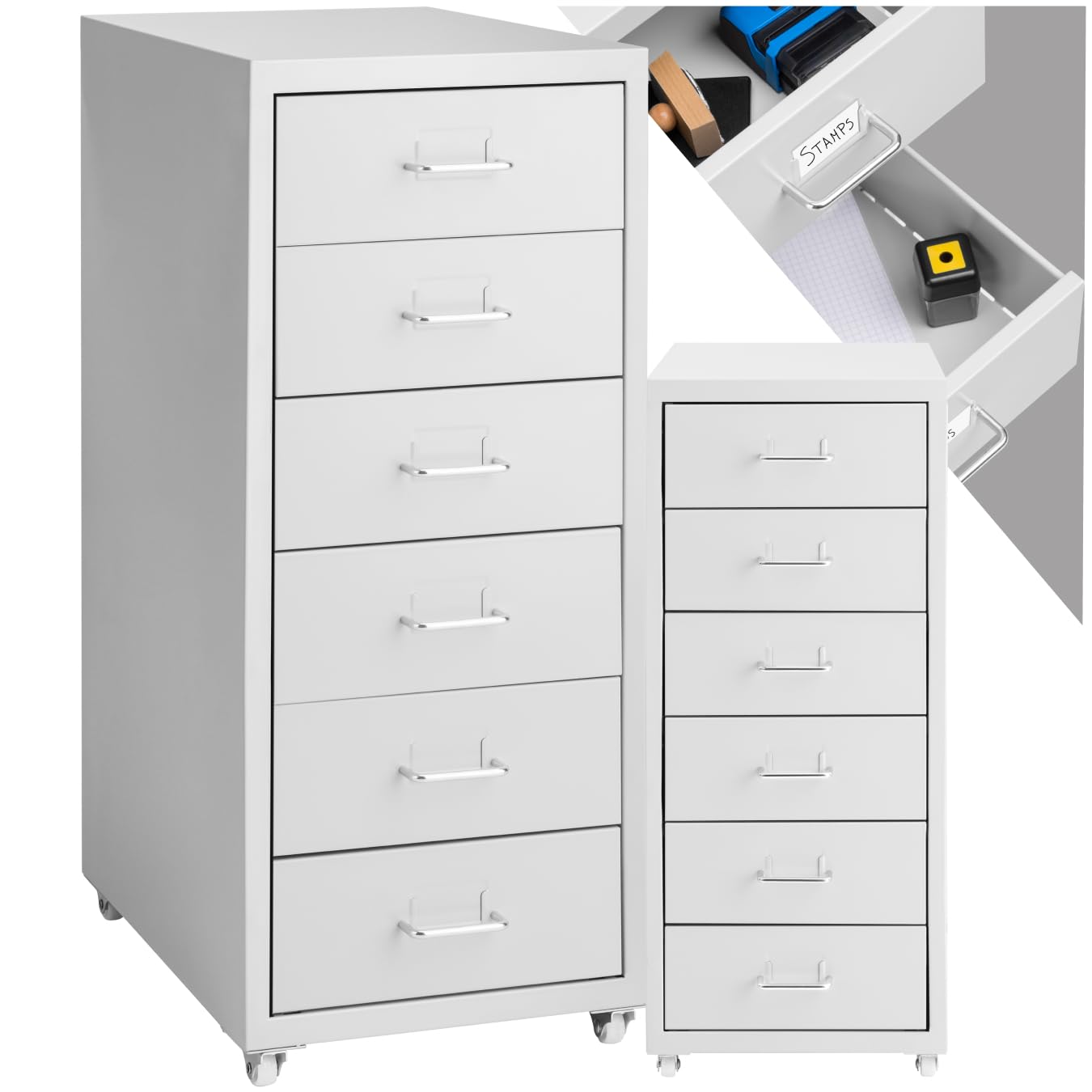 tectake® Cajonera 41x28x69 cm con Ruedas de Metal, 6 Cajones para Almacenamiento, Oficina y Despacho, Cajonera Escritorio, Cajoneras, Armario Interior, Armario Bajo - Gris Blanco
