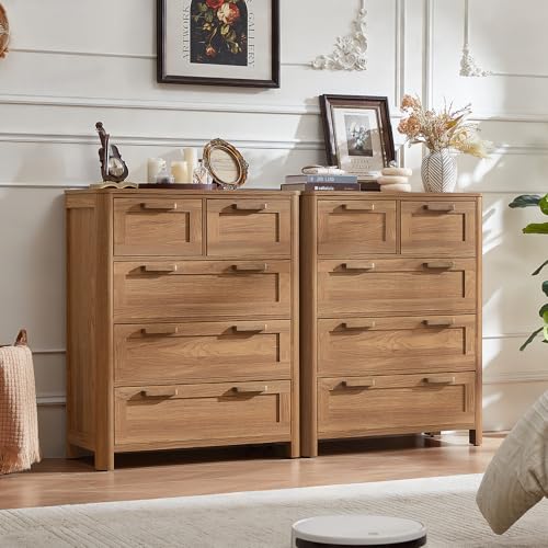Image of Joaxswe Farmhouse 5 Drawer Dressers for Bedroom, Brown | Vertical Dressers Chest of Drawers with 5 Drawers & 4 Noise-Reducing Feet & Rounded Corners