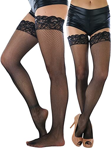 Image of ToBeInStyle Women's Wide Floral Lace Fishnet Thigh Hi Stockings