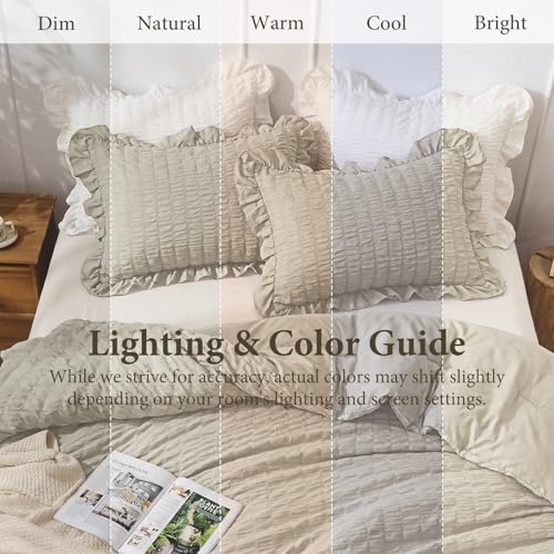 Image of JOLLYVOGUE King Size Comforter Set, 3 Pieces Oatmeal Seersucker Comforters King Size, Lightweight & Fluffy Bedding Sets King for All Season with 1 Ruffle Comforter and 2 Ruffle Pillowshams