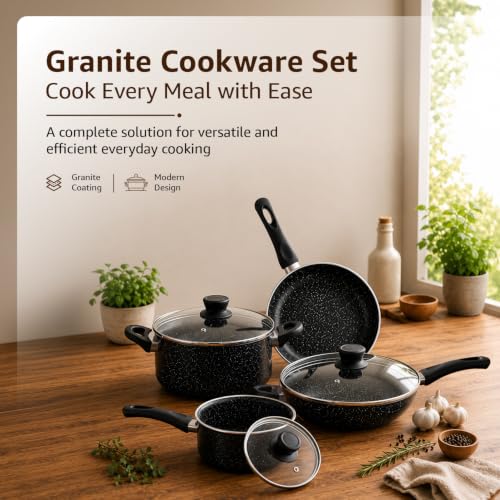 Image of Amazon Basics Granite Nonstick Cookware Set 4 Pieces | 16 cm Saucepan 1.5 L, 24 cm Fry Pan 1.6 L, 24 cm Casserole 4.7 L, 28 cm Wok 3.5 L with Lids | Aluminium Body | Gas & Induction Compatible