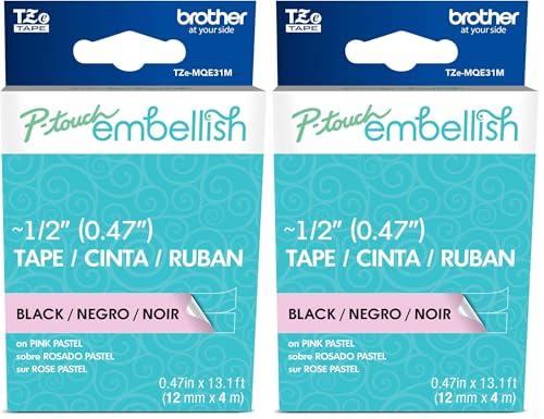 Image of Brother P-Touch Embellish Black Print on Pastel Pink Tape TZEMQE31M - ~ inch Wide x 13.1' Long for use with P-Touch Embellish Ribbon & Tape Printer (Pack of 2)
