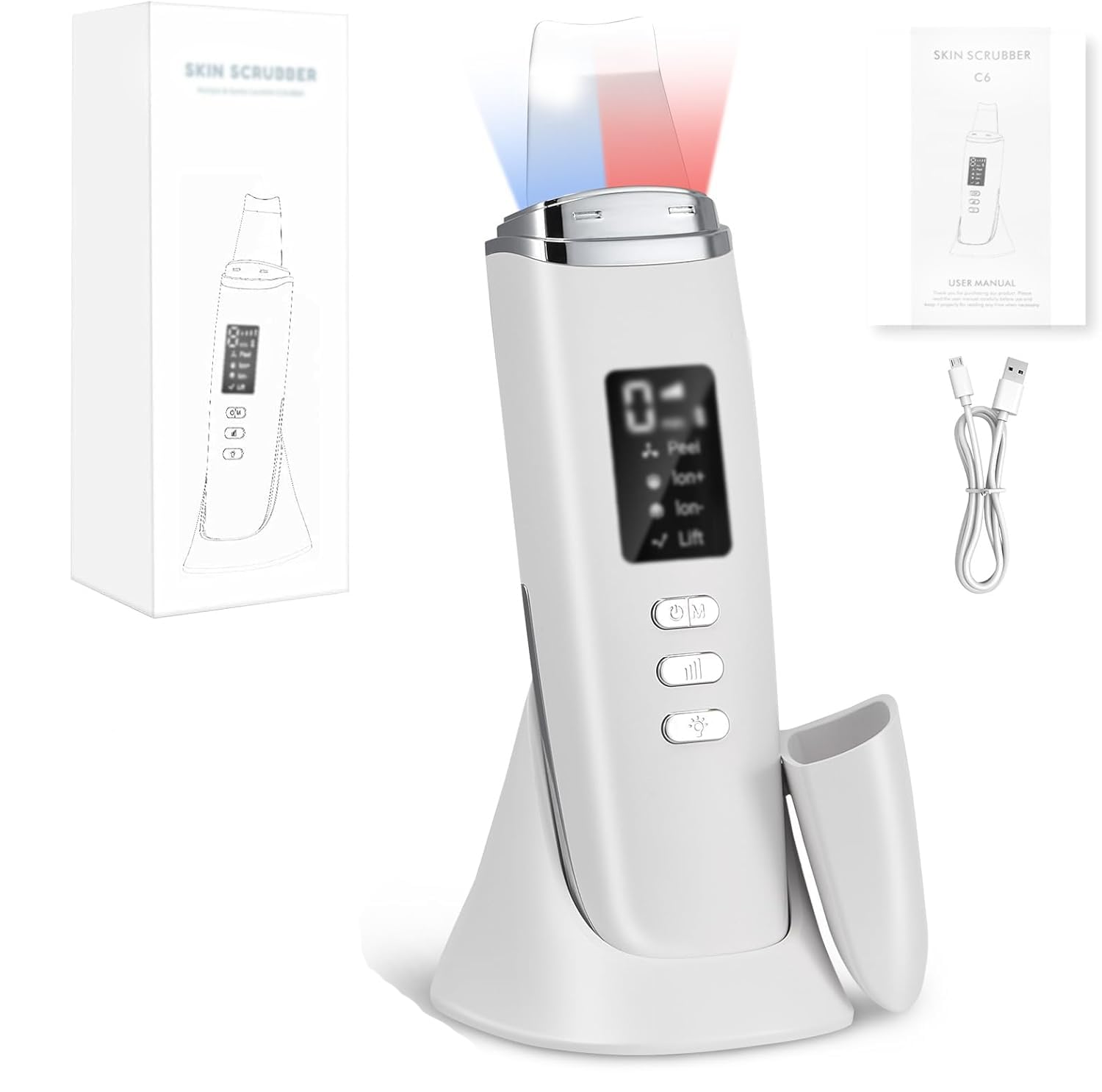 Skin Scrubber a ultrasuoni, pulitore per pori, elettrico con 4 modalità e luce rossa, luce blu, dispositivo ad ultrasuoni, dispositivo ad ultrasuoni per la pulizia del viso (bianco)