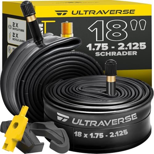 Ultraverse 18 Bike Inner Tubes 18 x 1.75 1.95 2.00 2.10 2.125 Heavy Duty Butyl Rubber withSchrader Valve Replacement Bicycle Tube Compatible with Kids BMX Cruiser Mountain Bikes Set of 2