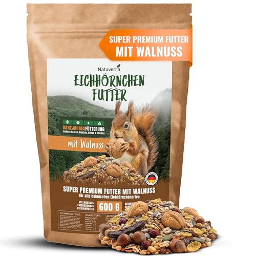 Natuverra Eichhörnchen-Futter 600 g für Eichhörnchen & Streifenhörnchen I Ganzjahres-Futter Eichhörnchen, Streifenhörnchen Futter mit Walnüssen in Schale