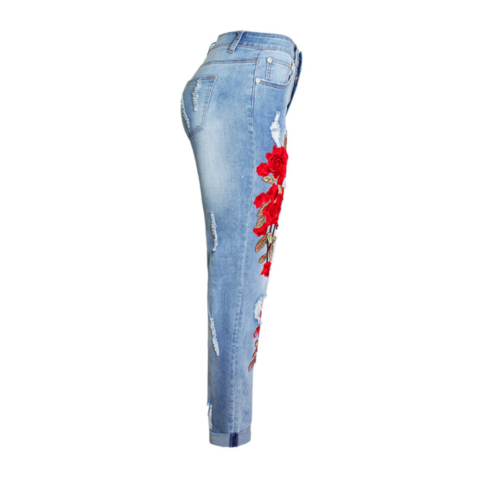 Pantalones Vaqueros Sueltos Elásticos para Mujer, Pantalones Vaqueros Perforados con Bordado 3D De Flores Coloridas para Mujer
