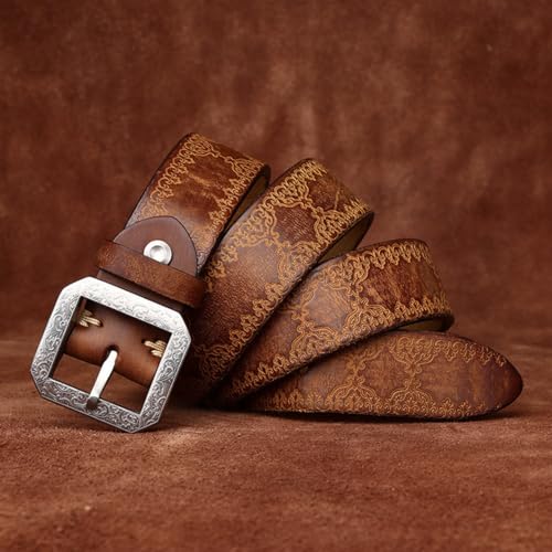 Men's Women's Embossed Leather Belt - Durable Pure Cowhide Western Strap with with Engraved Floral Silver Square Buckle(100cm/39, Brown)2