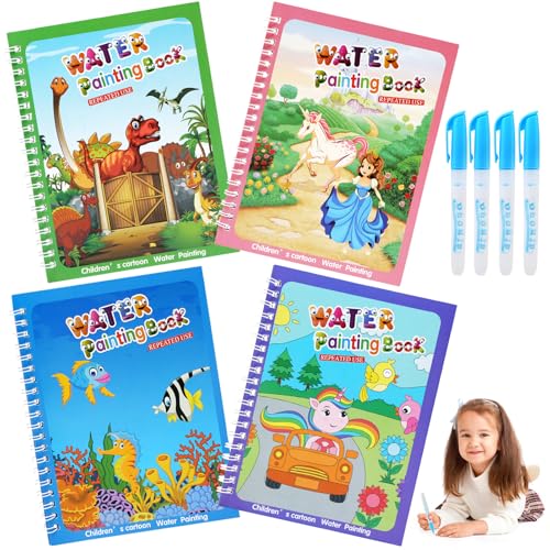 BelleStyle Libro Magico da Colorare con Acqua, 4 Pezzi Riutilizzabili Libro di Pittura con Penna ad Acqua per Bambini, Educativo Giocattolo da Libro da Disegno Regalo per 3 4 5 Anni Ragazzi Ragazze
