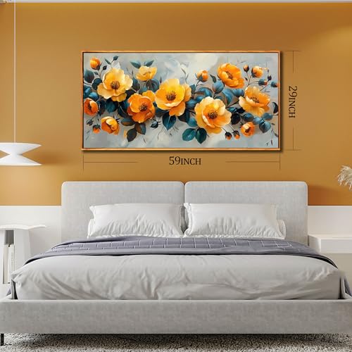 Image of AOZEMI Yellow Wall Art Room Decor Flower Art | Blue Home Decorations for Kitchen Living Room in Wall Pictures Modern Artwork 59 inchL x 29 inchW