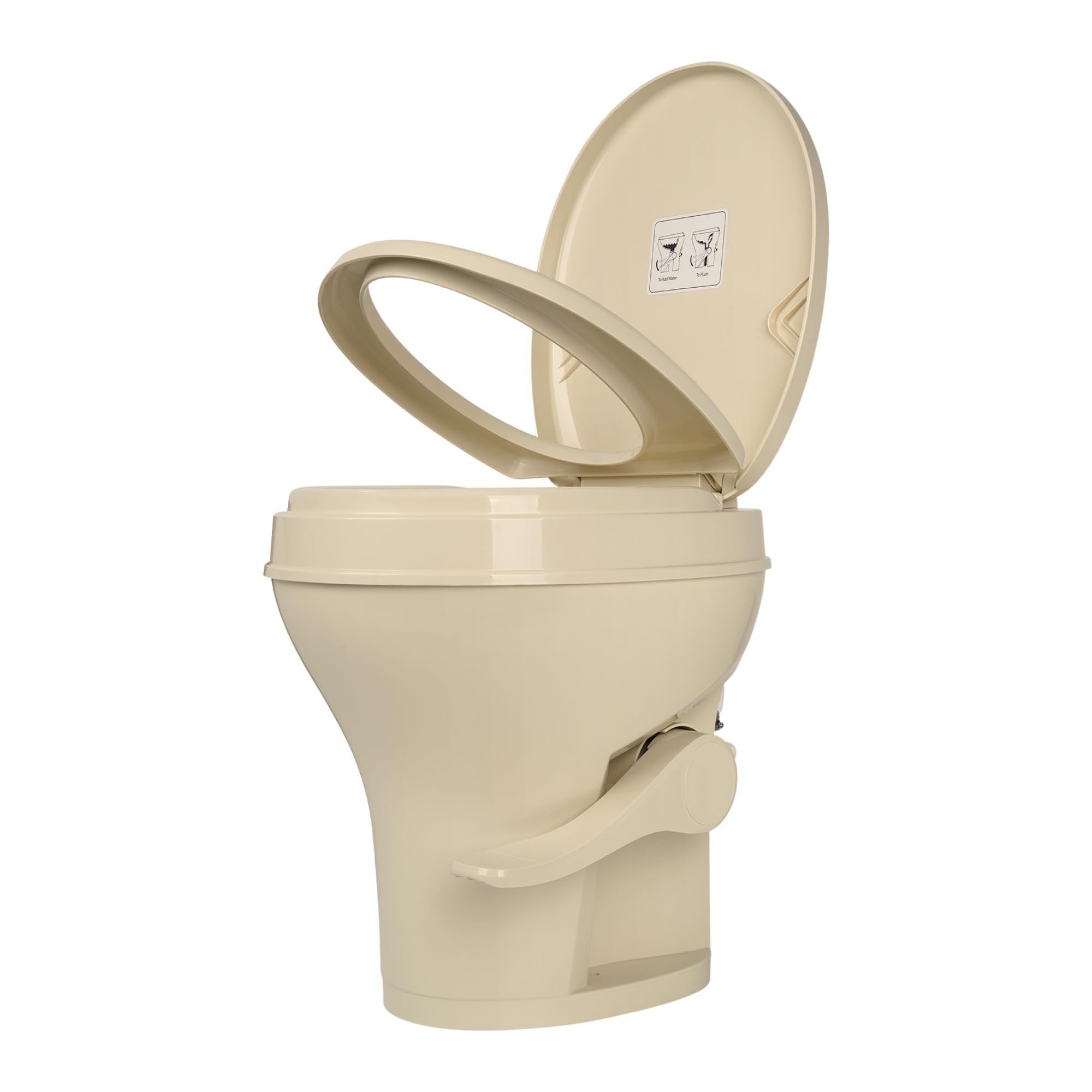 Bone-Colored Residential Height Camper/RV Toilet, 18.5” Height, Gravity Flush, Foot Pedal, Oversized Bowl, Soft-Close Seat, 4-Year Warranty