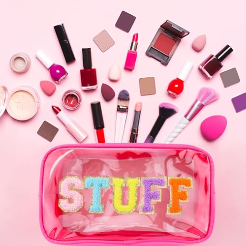 Preppy Patch STUFF Makeup Bag Chenille Letter Cosmetic Bag for Women, Transparent PVC Zipper Patch Bags Organizer Waterproof Portable Travel Makeup Bag for Women Girls Teens (Pink)4