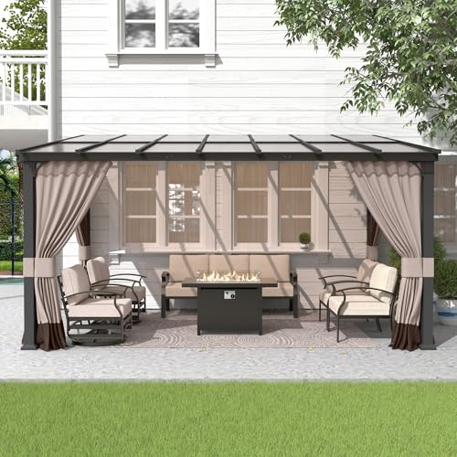 Gotland-10FTx14FT-Outdoor-Wall-Mounted-Hardtop-Pergola-Metal-Frame-Gazebo-with-Sloping-Sun-Panel-Roof-and-Double-Curtains-for-Patio-Garden-Lawn-Khaki Gotland 10FTx14FT Outdoor Wall Mounted Hardtop Pergola Metal Frame Gazebo with Sloping Sun Panel Roof and Double Curtains for Patio Garden Lawn Khaki