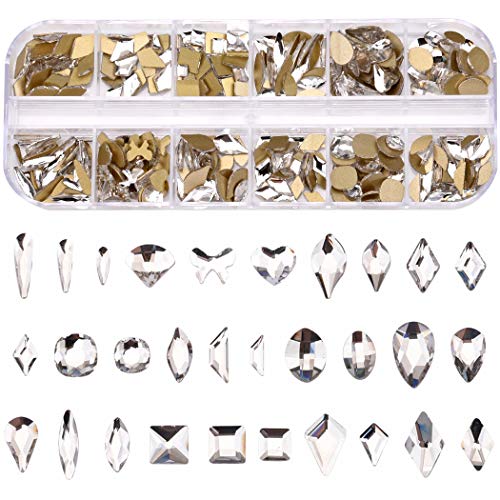 300pcs Clear Crystal Rhinestones Big Small Mix Size 30 Designs Shapes Flat Back 3D Diamond Stones for Nail Decoration Crafts Set Supply