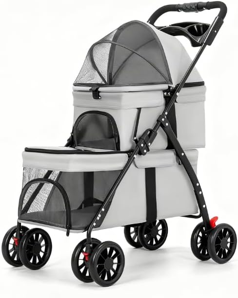 Passeggino Doppio per Cani di Piccola Taglia e Gatti – Passeggino Pieghevole a Strati con una Mano con Carrello a 2 Livelli – Portabicchieri e 4 Ruote Bloccabili – Cintura di Sicurezza in Rete Traspirante per