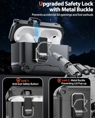 Image of Dual Safety Lock for AirPods Pro 3 Case 2025, Compatible with MagSafe - Designed with Automatic Switch and Phone Stand, Includes a Cleaner & Keychain - Rugged Tough Hard Shell, Black