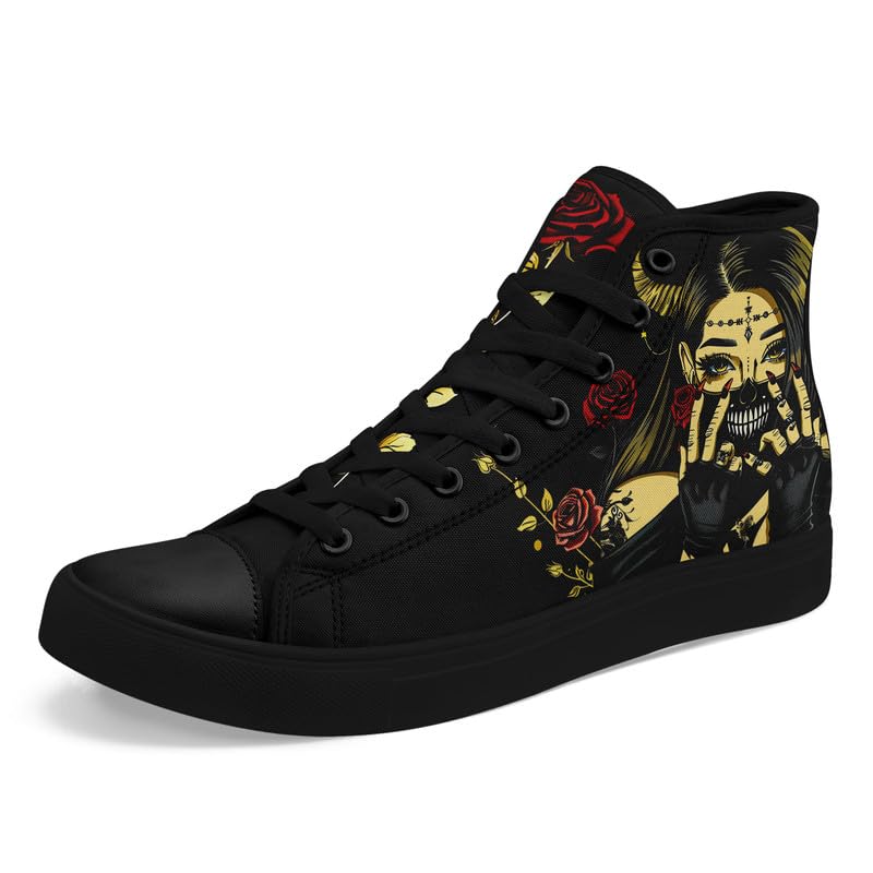 Womens/Mens Fashion High Top Canvas Shoes Lace Up Skull Black Canvas Sneaker Non Slip Casual Comfortable Walking Tennis Shoes