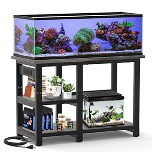 AQQA 40-50 Gallon Fish Tank Stand with 5 in 1 Power Outlets, 36×18 Inch Heavy Duty Metal Frame Aquarium Stand, Adjustable Storage Shelves, 720LBS Capacity Terrarium Stand, 3 Tiers Reptile Tank Stand