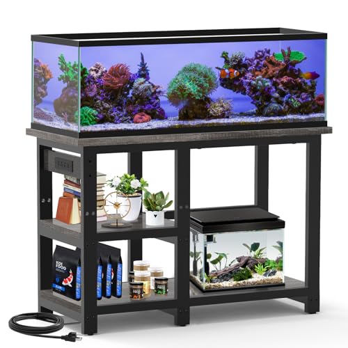AQQA 40-50 Gallon Fish Tank Stand with 5 in 1 Power Outlets, 36×18 Inch Heavy Duty Metal Frame Aquarium Stand, Adjustable Storage Shelves, 720LBS Capacity Terrarium Stand, 3 Tiers Reptile Tank Stand