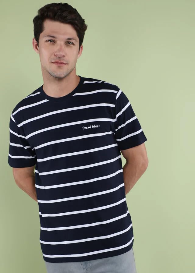 Image of Men's T-Shirt Stand Alone 100% Organic Cotton Striped T-Shirt | Anti Pilling Fabric - Biowash | Yarn Dyed Horizontal Stripes | Round Neck | Half Sleeve | Regular Fit | Premium Casual T-Shirt