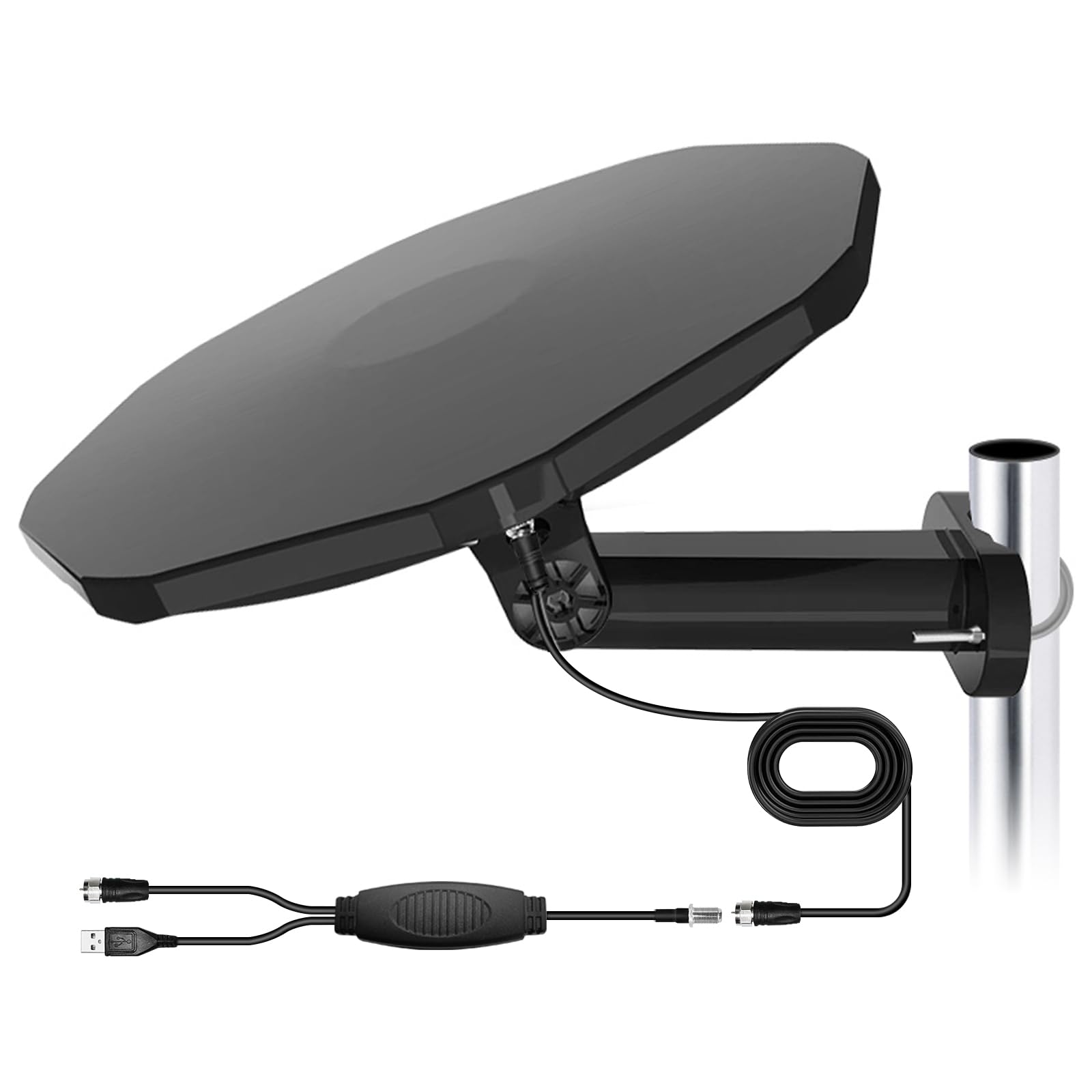 Antena TV Exterior Negra Potente TDT Digital, Antenne TV extérieure, Antenne extérieure, Compatible Antena Interior, recepción 360° omnidireccional, Canales Locales 4K 1080P, Cable coaxial 32,8ft