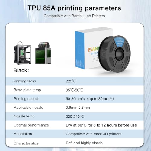 Image of iSANMATE TPU 85A Filament 1.75mm, Green TPU Flexible Filament 85A, 1kg | iSANMATE Filament; Soft Flexible TPU HF; Compatable with Bambu Lab & most FDM 3D Printers; 1kg /2.2lbs; 50-80mm /s