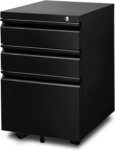 Yiguo - Archivador móvil de 3 cajones con cerradura, archivador de oficina con ruedas debajo del escritorio, archivador de metal con ruedas para