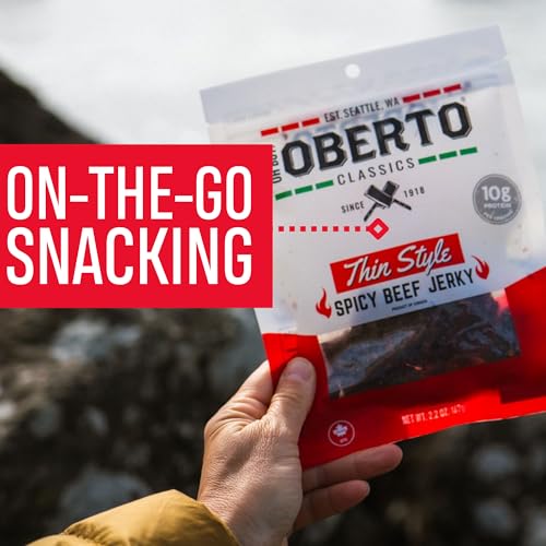 Image of Oberto Classics Thin Style Beef Jerky, Spicy Flavor, No Artificial Ingredients, High Protein, Gluten Free, Wood Smoked, Premium Steak Beef Jerky High Protein Snacks, 2.2 Ounce (Pack of 8)