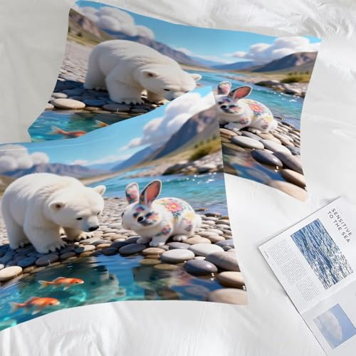 Image of Cute Animal Comforter Set Full Size Kids Bedding Sets for Girls Boys Teens Bedroom 3D Nature Wildlife Mountain Stream Bear Rabbit Quilt 1 Comforter 2 Pillowcases