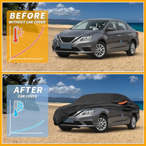 Image of Waterproof All-Weather Universal Car Cover with Right Side Zipper, 210T-PU Black Fits for Sedan 190 inch to 198 inch Length