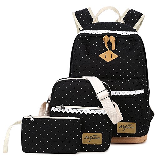 Mädchen Canvas Rucksack Damen Schul Schulranzen/Schultasche 3 in 1 Schwarz