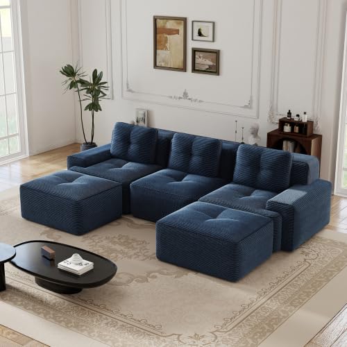 Image of 117 inch U-Shaped 3-Seater Modular Boneless Couch with 2 Ottomans, Cozy Corduroy Upholstery, Deep Seat Cloud sectional Sofa, No Assembly Anti-Slip Stable Design, Blue