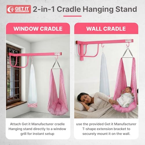 Image of GET IT 2 in 1 wall + Window Cradle Strong Metal Additional Tool to Convert Multi Usage | New Born Baby,Kids - Pink T-Shape