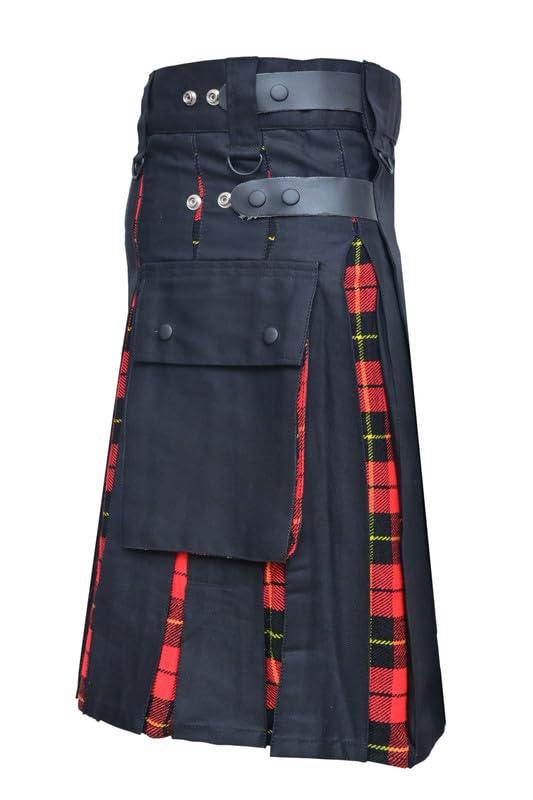 Scottish Kilts for Men - Hybrid Men's Kilt with Black Cotton and Acrylic Wool Tartan Pleats, Sizes 30-70 Including Plus Sizes