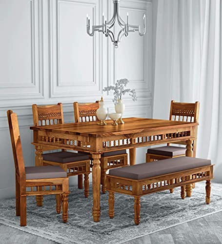 Furnisquare Solid Sheesham Wood Dining Table 6 Seater | Six Seater Dinning Table with 4 Chairs & 1 Bench for Home | Chairs with Cushion | Wooden Kitchen Dinner Table 6 Seater | Teak Finish