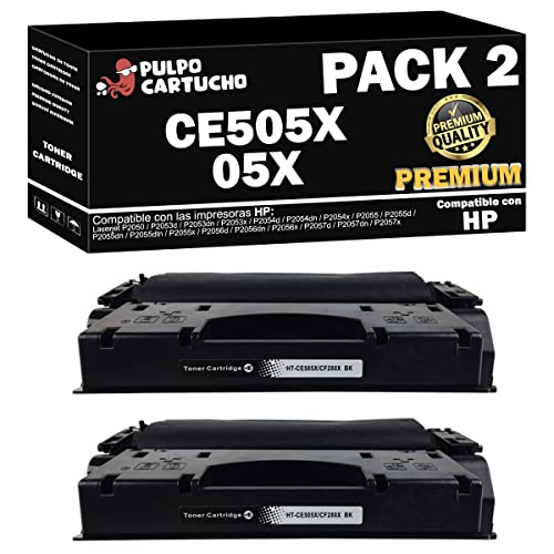 Pulpo Cartucho   Toner CE505X Premium Negro Compatible con HP CE505X Premium/Ref. 05X   Pack 2   Premium   Valido para Impresoras Laserjet Series P2050 / P2053 / P2054 / P2055 / P2056 / P2057