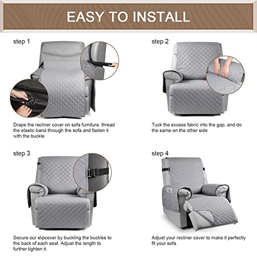 Image of KinCam Water Resistant Recliner Chair Cover, Reclining Couch Covers for Pets, Dogs, Recliner Couch Slipcover Furniture Protector with Elastic Straps for Kids, Light Gray