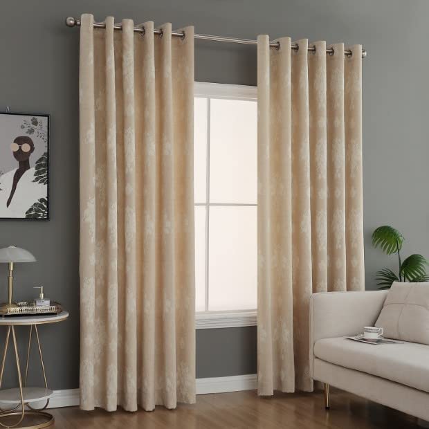 Best Linen Jacquard Eyelet Curtains for Living Room Ring Top Curtain Pair Fully Lined Modern Panels Curtains for Bedroom/Home Office with 2 Free Tie-Backs (Beige, W 66" x L 90")